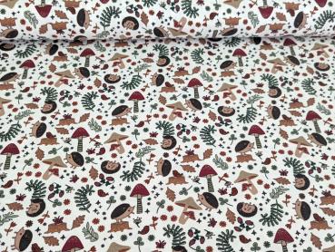 Preview: Reststück Baumwolljersey Igel im Herbstwald Pilze Weiß 75 x 150 cm